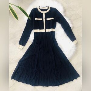 NWOT Dazy Knit Long Sleeve Sweater Dress, Navy Blue White Gold Buttons, Small